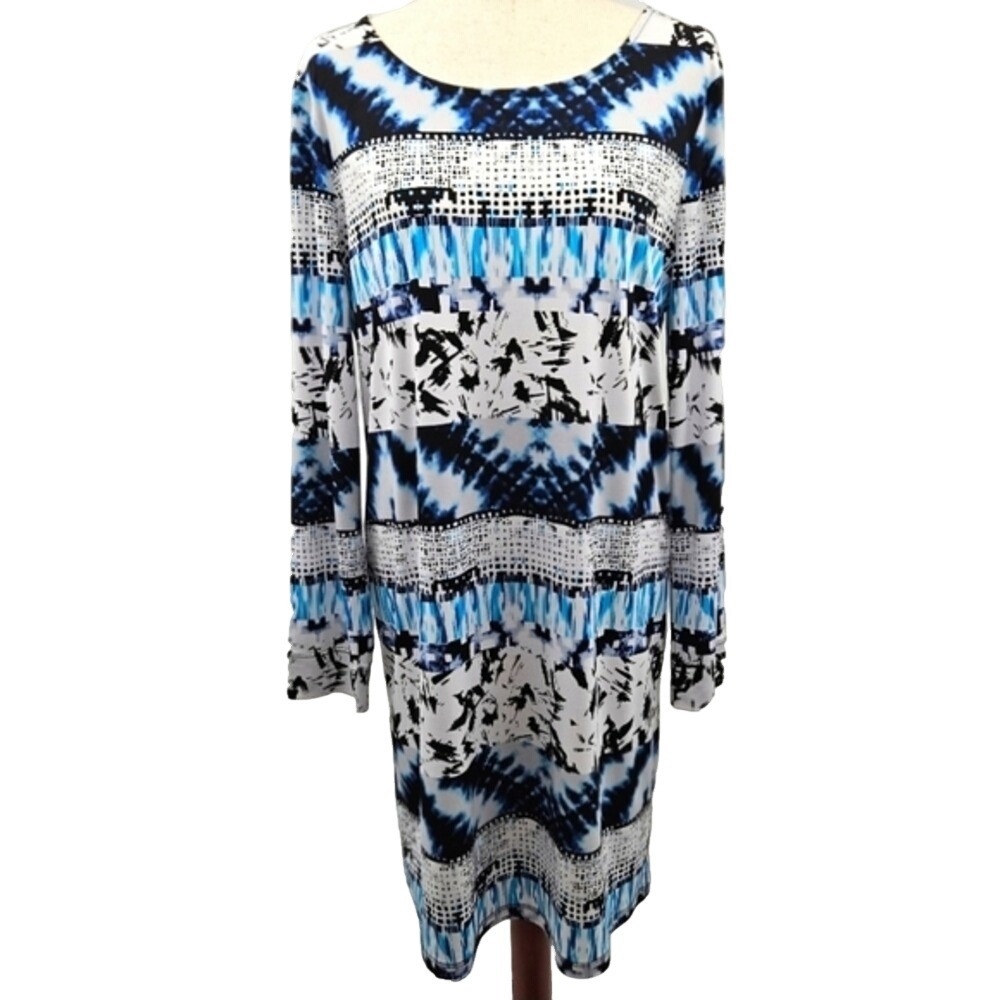 Premise Blue Black Tie Dye Long Sleeve Shift Dress Womens Size Large‎ Knit